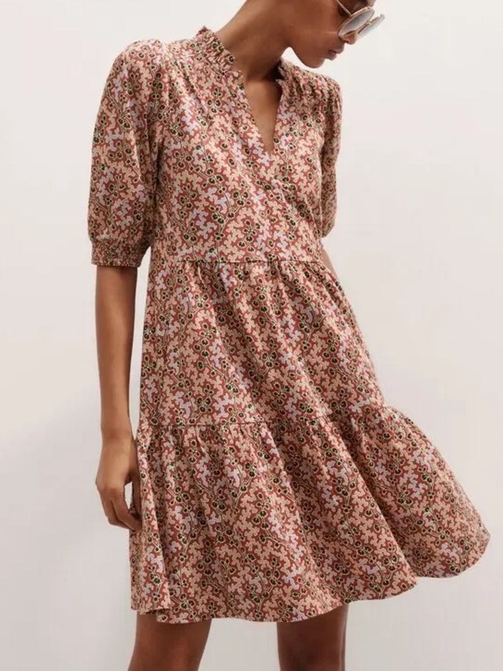 ME+EM Women’s Climbing Buds Print Short Tiered Slub Dress Brick Pink Size 6